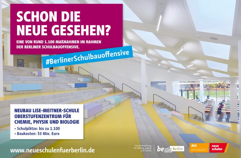 Berliner Schulbauoffensive Werbeplakat mit Lise Meitner Oberstufenzentrum