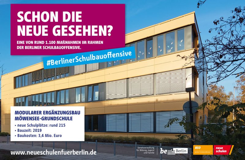 Berliner Schulbauoffensive Plakat mit Moewensee Grundschule in Berlin
