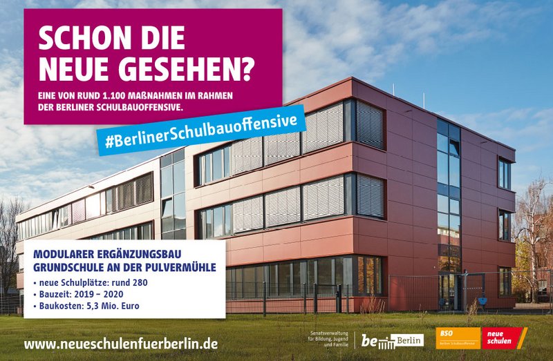 Berliner Schulbauoffensive Plakat mit neuer Schule